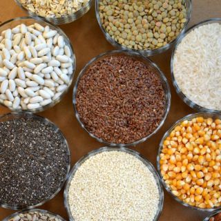 Bowls of rice, grains and seeds