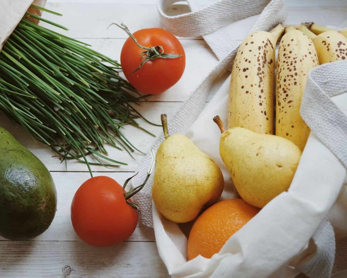 Fresh groceries in a tote bag
